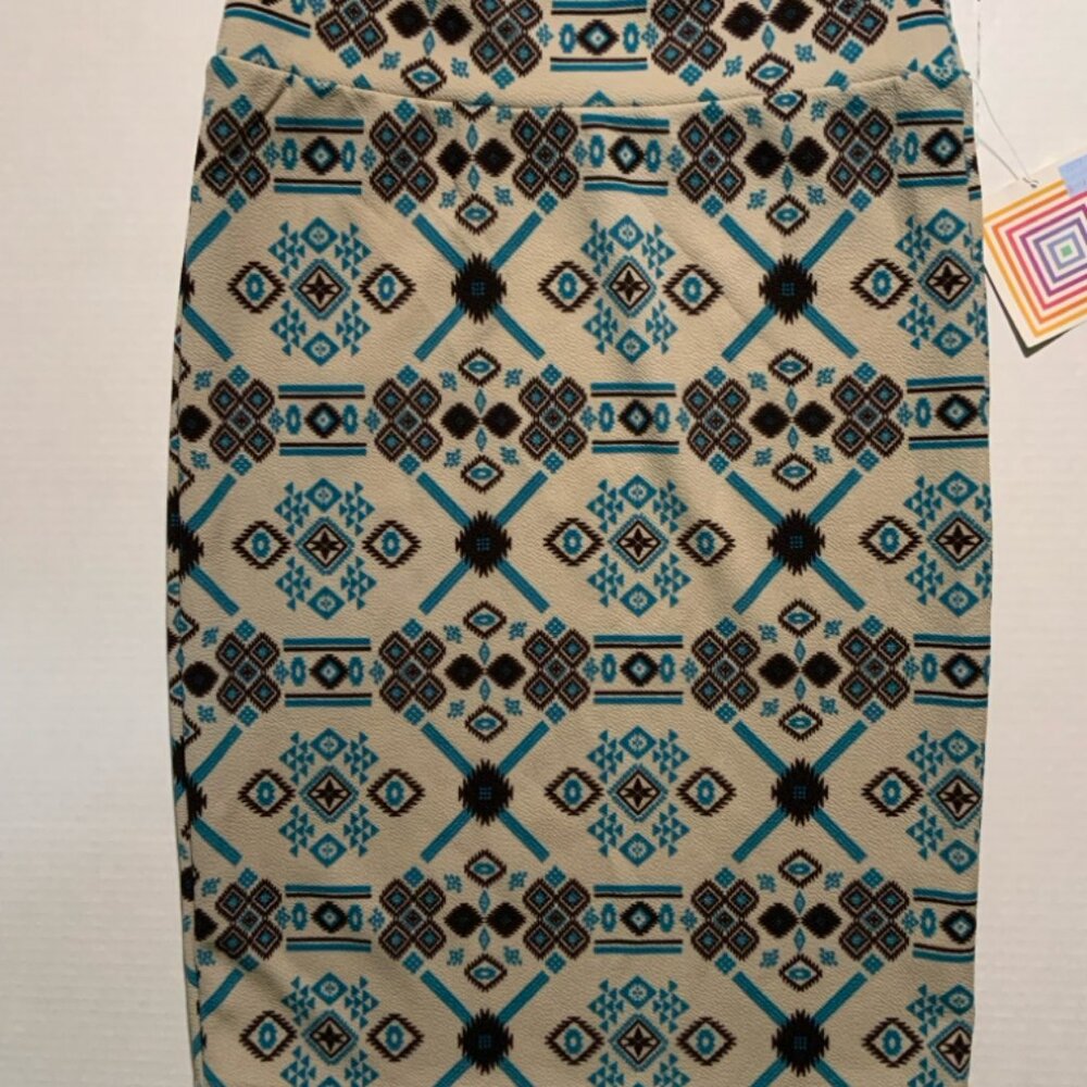 NWT LuLaRoe Small Cassie Geometric Western Tan Black Teal Stretch‎ Pencil Skirt